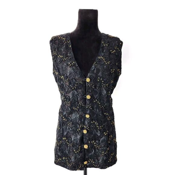 Vintage Victory Women's Black Embroidered Beaded Vest With Gold Buttons Small - Picture 1 of 6